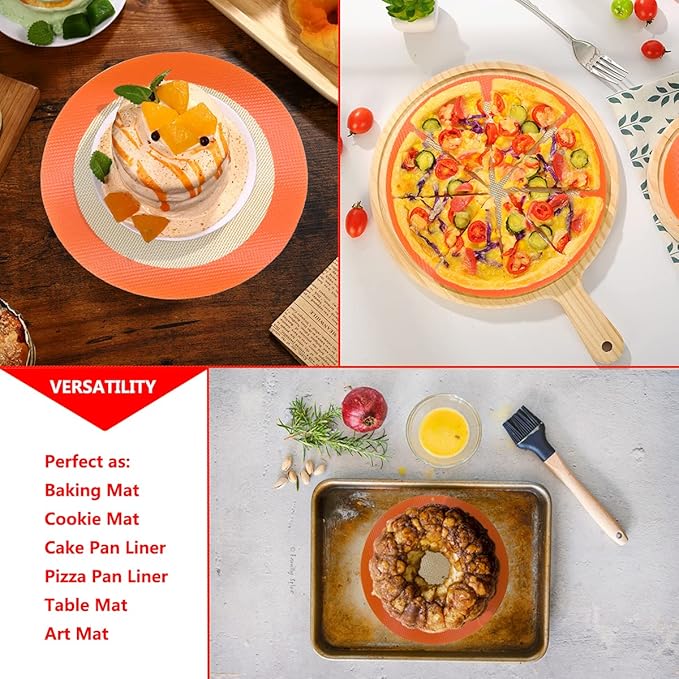 Round Silicone Baking Mats for 8 Inch Cake Pan, Food Grade, Non-Stick, Reusable Silicone Mat for Baking Pan for Bread/Tortilla/Macaron/Pastry/Pie/Bun or 9 Inch Pizza Pan, 2PCS