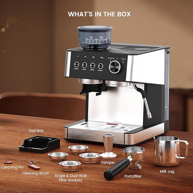 (2025 Upgrade) 20 Bar Espresso Machine with Built-in Anti-Clog Coffee Grinder, Expresso Coffee Machines with Milk Steam Wand/Frother/Tamping Tools,Espresso Maker with Grinder for Lattes, Cappuccinos