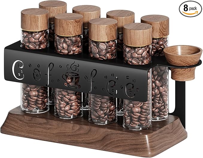 Single Dose Coffee Bean Storage Tubes with One-Way Exhaust Valve,Coffee Bean Container with American Walnut Wood Base,Funnel and Lids,Espresso Bean Storage with 8Pcs Glass Tubes