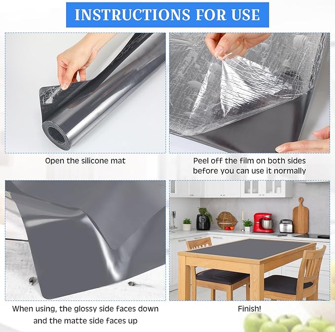 Hushee Silicone Mats for Kitchen Counter in Roll 120'' x 24'' Nonslip Cuttable Heat Resistant Mat for Kitchen Countertop Placemat(Dark Gray)