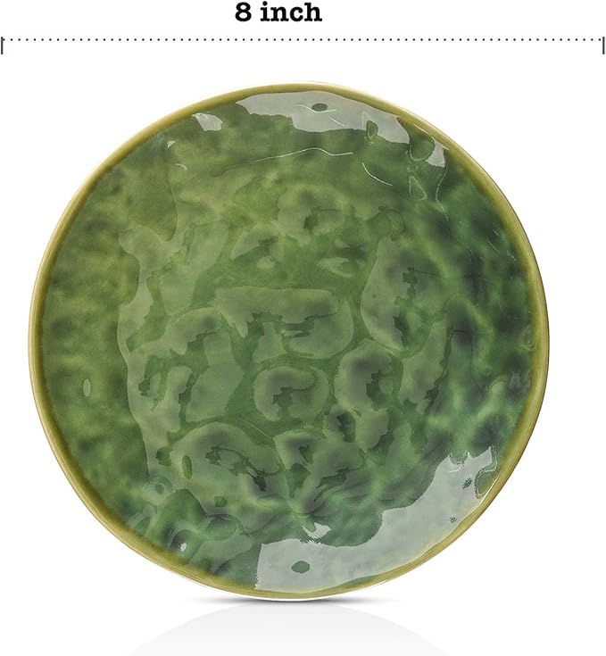 Ceramic Round Dessert Salad Plates - 8 Inch, Set of 6, Microwave, Oven, and Dishwasher Safe, Scratch Resistant, Porcelain Fluted Suitable for Snacks, Appetizer, Home, Party (Green)