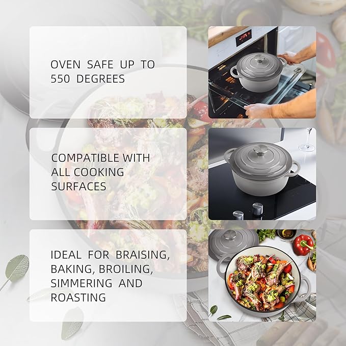 3 Quart Dutch Oven Enameled Cast Iron with Lid - Big Dual Handles - Oven Safe up to 500°F - Classic Round Pot for Versatile Cooking Light Gray