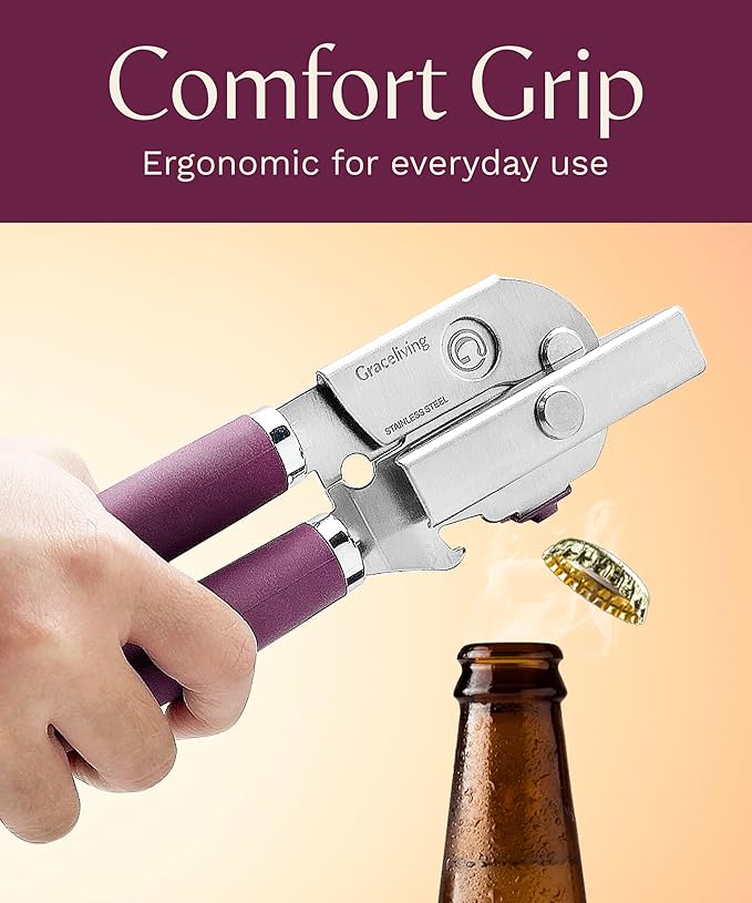 Premium Multifunctional Magnetic Manual Can Opener and Bottle Opener, Heavy Duty Stainless Steel Sharp Cutting Blade and Oversized Easy Turn Knob, Soft-Touch Handle, Kitchen Use, Mauve