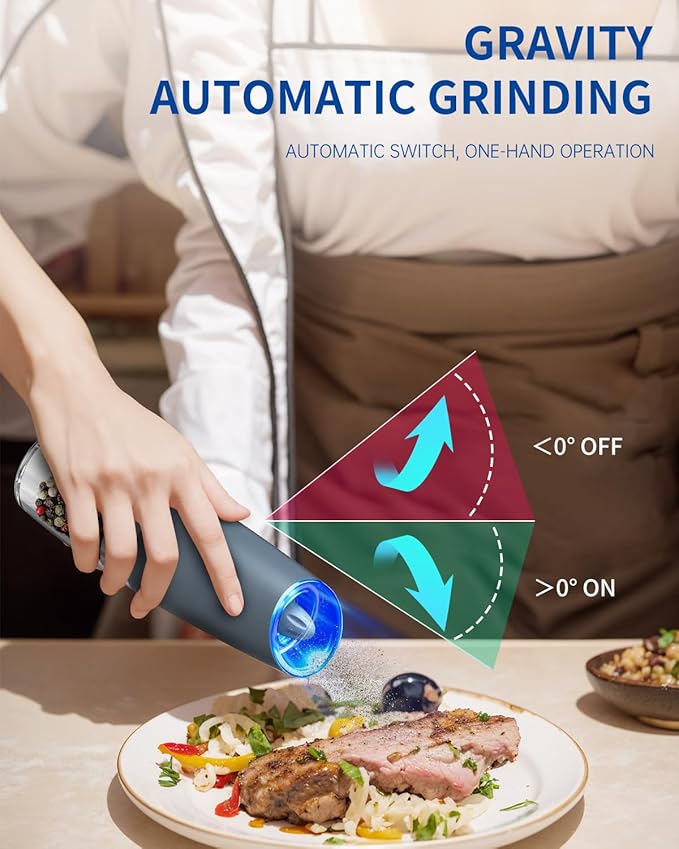 CIRCLE JOY Gravity Electric Salt and Pepper Grinder Set Automatic Salt and Pepper Grinder Set with LED Light, Battery Operated, Adjustable Coarseness, Large Capacity, for Home Kitchen BBQ, Blue