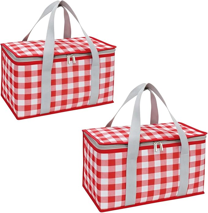2pcs Insulated Reusable Food Picnic Bag Beach Bags, Beach Bag Cooler Bags with Zippered Top - Insulated Bag for Hot or Cold,Picnic Basket Collapsible, Outdoor Party, Camping,Festivals (A)