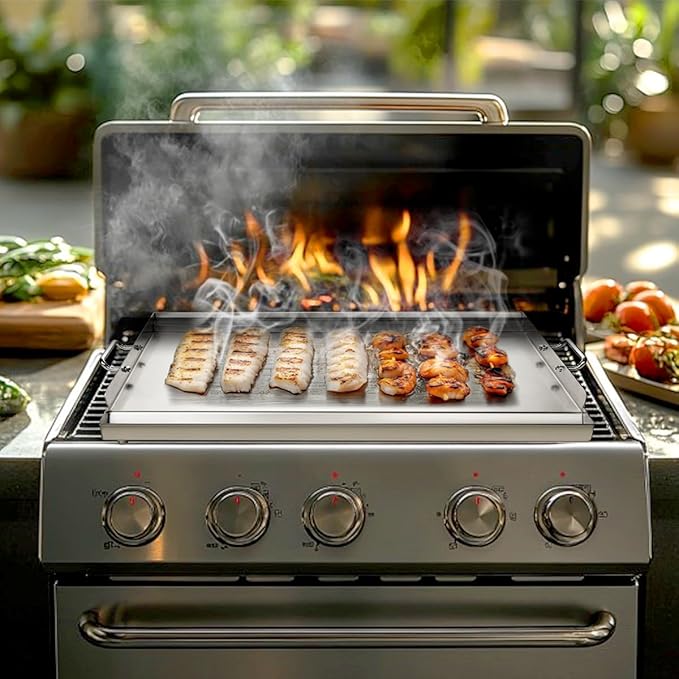 LotFun 25" x 16" Stainless Steel Cooking Griddle for Outdoor Gas Grill, Universal Griddle Flat Top Plate Insert with Grease Groove and Removable Handles for Electric/Charcoal/Gas Grill, Camping,Party