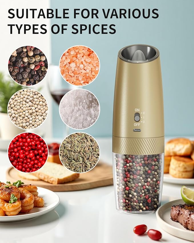 CIRCLE JOY Gravity Electric Salt and Pepper Grinder Set with 2-Speed, Rechargeable Salt and Pepper Grinder Set, Adjustable Coarseness, Whiet LED Light