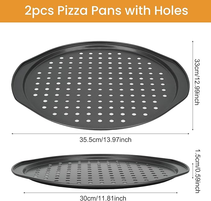 13 Inch Pizza Pan for Oven, 2 Pack Round Pizza Pan with Holes Non-sticking Carbon Steel Pizza Tray with Handles Pizza Baking Pan for Cooking and Grilling Oven Safe