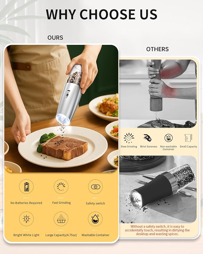 CIRCLE JOY Rechargeable Gravity Electric Salt and Pepper Grinder Set, Stainless Steels Salt and Pepper Mills with LED Light, No Battery Needed, Adjustable Coarseness, Washable 135ml Container, Silver