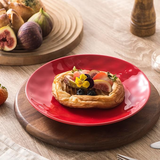 vicrays Ceramic Dessert Salad Plates, 8 Inch, Microwave, Oven, and Dishwasher Safe, Round, Porcelain Fluted Suitable for Snacks, Appetizer, Home, Party, Restaurant - Set of 6 Red