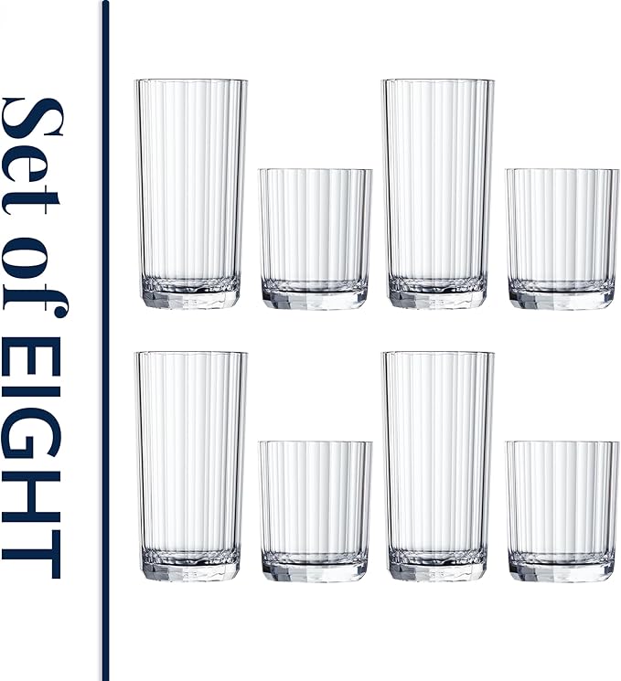 US Acrylic Faceted Clear Plastic Reusable Drinking Glasses (Set of 8) 14oz Rocks & 18oz Water Cups | BPA-Free Tumblers, Made in USA | Top-Rack Dishwasher Safe