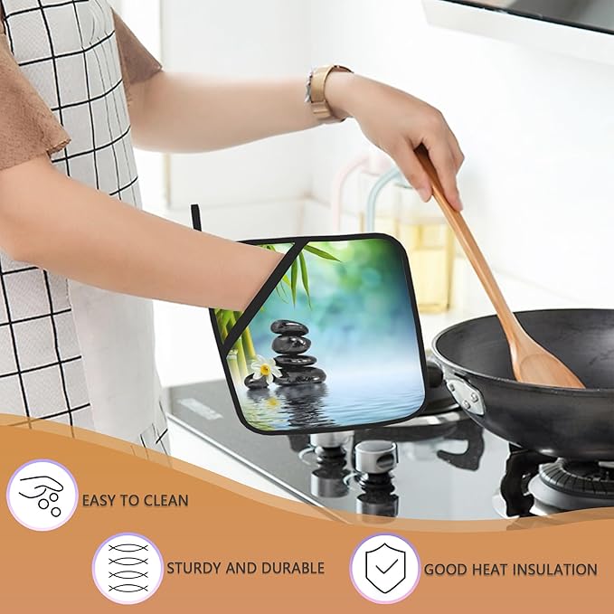 Zen Spa Pot Holder Set of 2,Green Flower Kitchen Heat Resistant Potholder for Women Men BBQ Cooking Baking