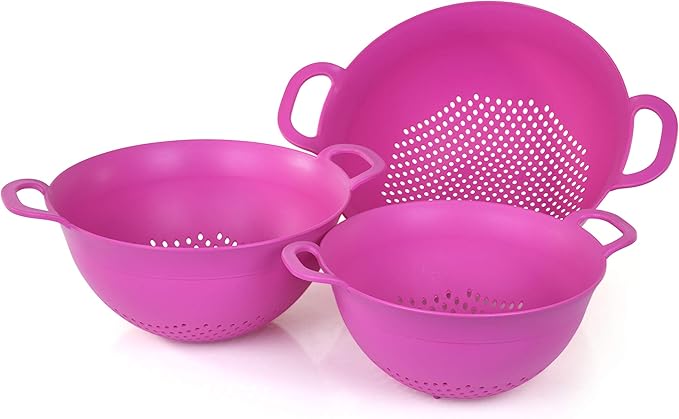 Mintra Home Plastic Strainer Colanders Set: 3, 3.5 and 5 Quart (Fuchsia) Double Strong Handles and Deep Bowl, Safe BPA-Free - Use for Pasta, Noodles, Spaghetti, Vegetables (Assorted Sizes 3pk)