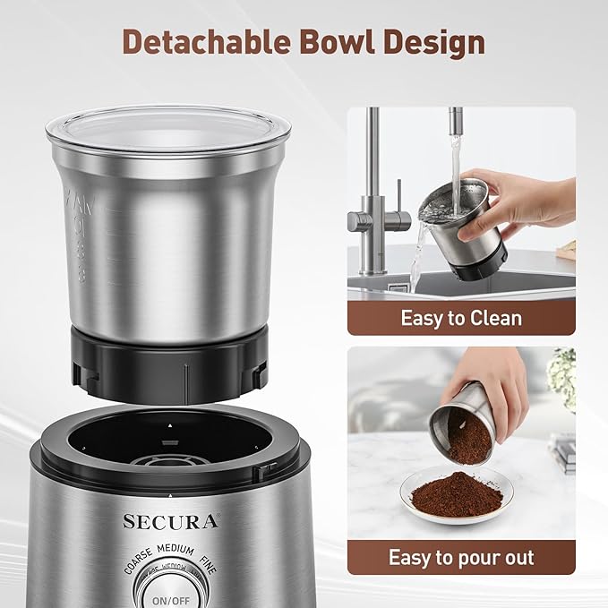 Secura Electric Coffee Grinder and Spice Grinder with 2 Stainless Steel Blades