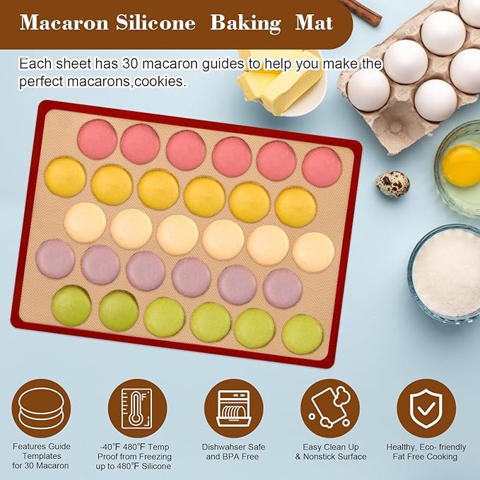 28Pcs Macaron Silicone Baking Mat Kit-2 Sheet Macaron Silicone Baking Mats 11.6"x16.5", 2 Piping Pastry Bag, 12Piping Tip, 1 Coupler, 3 Scraper, 1 Egg Beater, 6 Embossing-Molds Macaron Set