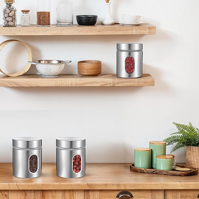 6 Pack Kitchen Canisters Set 20 oz Stainless Steel Canisters with Window Glass and Lids Airtight Coffee Sugar Tea Candy Storage Jars Food Storage Container for Flour Cookies Spices Grains