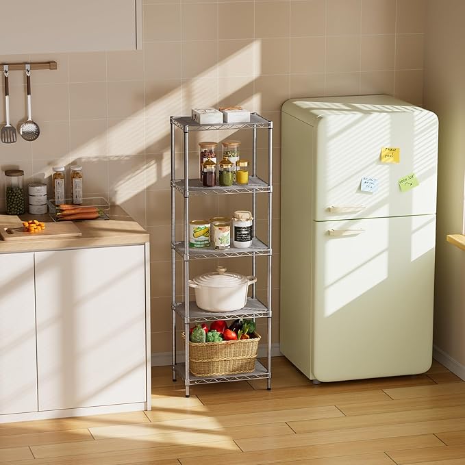 SINGAYE 5 Tier Shelf Wire Shelving Adjustable Storage Shelves Rack Standing Units for Kitchen Closet Laundry Bathroom Organizers Metal Pantry Narrow Mesh Gaps 10" D x 16" W x 55" H Gray