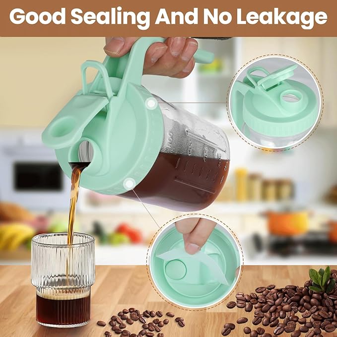 Cold Brew Coffee Maker,32 oz Mason Jar Pitcher with Stainless Steel Filter, Pour Spout Handle Lid, Heavy Duty Glass Airtight & Leak-Proof Pitcher for iced coffee Tea Breastmilk Lemonade-Green