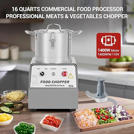 16 Quart Commercial Food Processor, Electric Combination Chopper Meat & Vegetable Grinder, Multi-Functional Stainless Steel Food Processor w/Gloves, 110V/1400W for Fruit, Grains, Nuts Shredding(15L)
