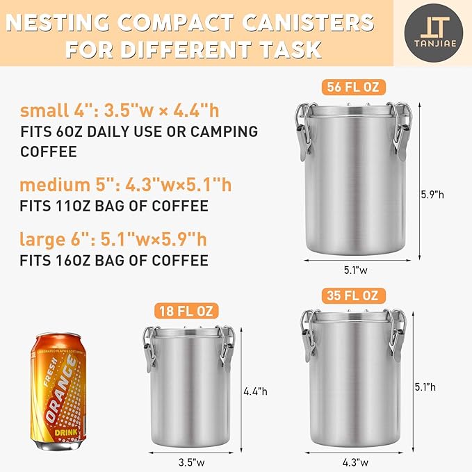 Compact Stainless Steel 100% Airtight Canisters Sets for Small Kitchens | Metal Food Storage Containers with Lids Sealed - Keep Flour, Sugar, Coffee, Tea Fresh for Months (18+35+56 fl oz)