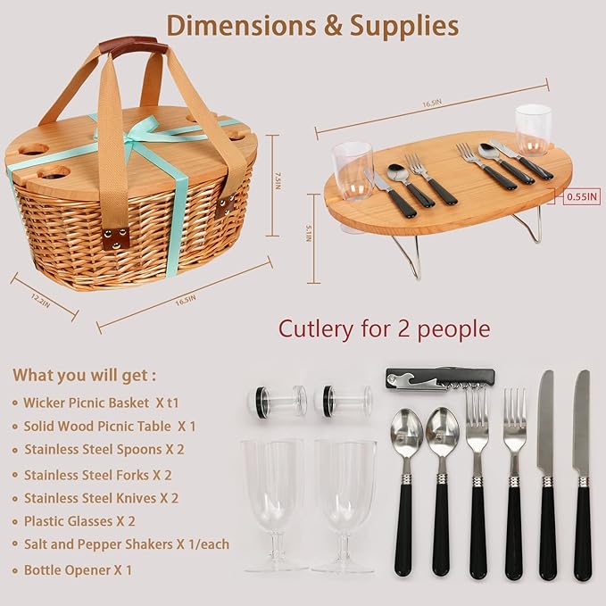 Hap Tim Wicker Picnic Basket Set for 2 with Mini Folding Wine Picnic Table & Large Insulated Cooler Bag & Cutlery Service Kits for 2 Person, Couples Gifts, Wedding Gifts (Y2209-2-GR)