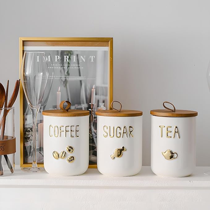 YYW Kitchen Canisters for Countertop, White Airtight Ceramic Canister with Seal Wooden Lid Storage Container for Coffee Bean Ground Coffee Sugar and Tea (White(sugar))