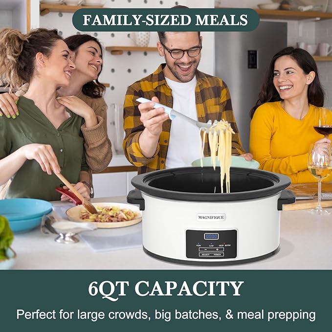 7-Quart Programmable Slow Cooker with Timer Keep Warm - Small Kitchen Appliance for Family Dinners - Serves 6+ People - Heat Settings: Keep Warm(White, Black Liner)