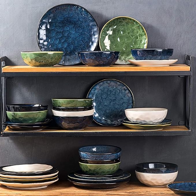 vicrays Ceramic Dessert Salad Plates, 8 Inch, Set of 4, Round, Microwave, Oven, and Dishwasher Safe, Scratch Resistant, Porcelain Fluted Suitable for Snacks, Appetizer, Home, Restaurant (Blue)