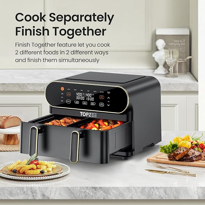 11-QT Large Air Fryer, 8-in-1 XL Airfryer with Flex Basket, Divider for Dual Cooking, Preheat Air Fry, Roast, Broil, Bake, Reheat, Dehydrate, French Fries Dishwasher Safe, w/Gold Border