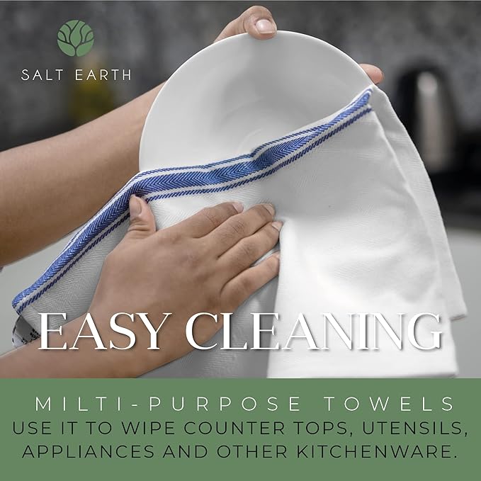 Salt Earth Kitchen Towels Cotton Dish Towel Size 24x14 Inches Set of 4 100% Ring Spun Cotton Absorbent Quick Dry Herringbone Weave Lint Free Washable Dishcloth Hanging Loop Color White & Blue Stripe