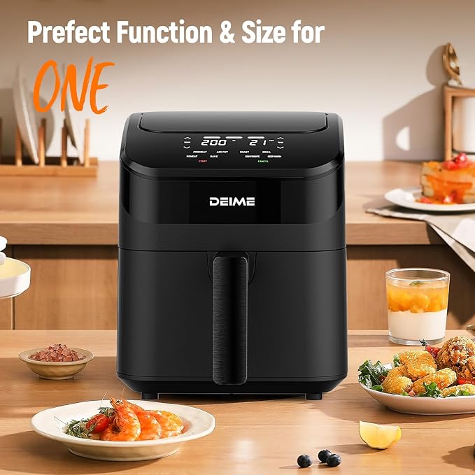 DEIME Air Fryer 4.5 Qt, Small Airfryer Digital Space Saving Compact, Bake, Reheat, Roasts for Quick Easy Meals, Mini Compact & Quiet, Nonstick & Dishwasher Safe Basket with Toast Rack (Black)