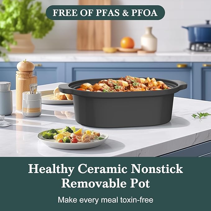 6 Quart Programmable Slow Cooker Removable Healthy Nonstick Crock Pot - Small Kitchen Appliance for Family Dinners - Serves 6+ People - Heat Settings: Keep Warm Olive Olive