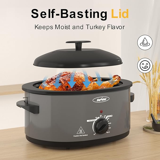 Sunvivi Roaster Oven with Self-Basting Lid, Electric 8-Quart Turkey Roaster Oven with Removable Pan and Rack, Stainless Steel, Grey
