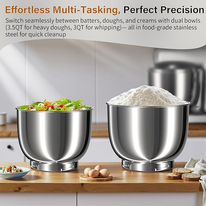 Stand Mixer with 3QT+3.5QT Dual Bowls, 10-Speed Electric 300W Food Mixer - Includes Egg Whisk, Dough Hook & Flat Beater for Home Baking & Daily Cooking (GraySilver)