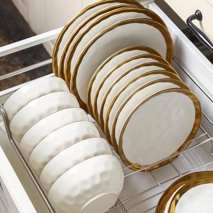 vicrays Ceramic Dinner Plates Set, 10 Inch, Set of 6, Round, Dishwasher Safe, NOT Microwave Safe, Suitable for Steak, Pasta, Home, Party, Restaurant（White with Golden）