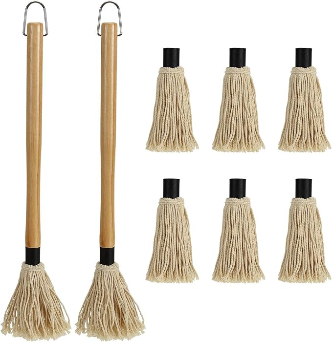 Hedume 2 Pack BBQ Basting Mop with 6 Extra Replacement Heads, Grill Basting Mop Wooden Long Handle Perfect for BBQ Grilling Smoking Steak (18.2 Inch)