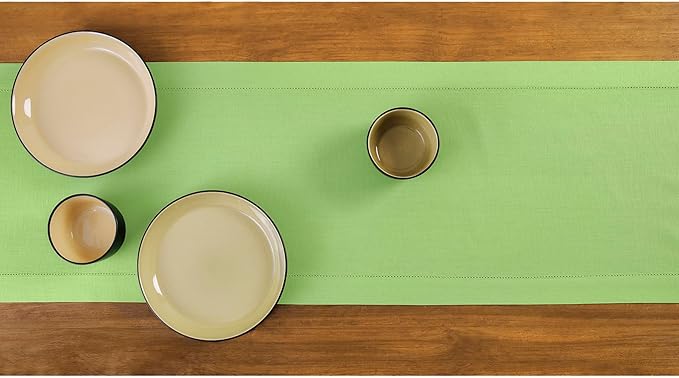 Solino Home Table Runner 90 Inches Long - Cotton Linen Hemstitch Apple Green Table Runner 14 x 90 Inch for Summer