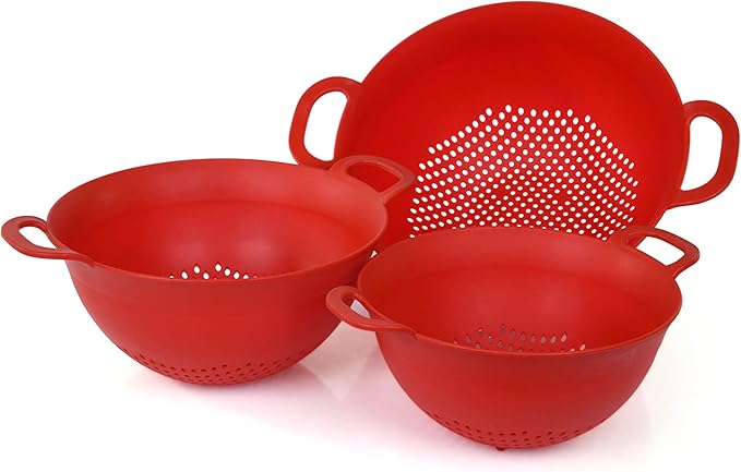 Mintra Home Plastic Strainer Colanders Set: 3, 3.5 and 5 Quart (Red) Double Strong Handles and Deep Bowl, Safe BPA-Free - Use for Pasta, Noodles, Spaghetti, Vegetables (Assorted Sizes 3pk)