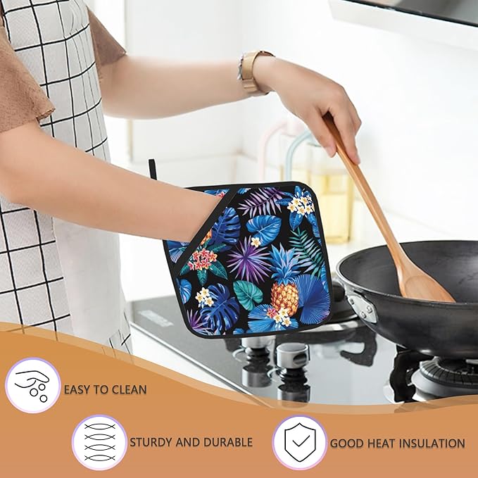 2PCS Hawaiian Pot Holder with Loop,Tropical Palm Leaves and Flowers Heat Resistant Oven Pads, Hot Pat for Kitchen Cooking Baking Food