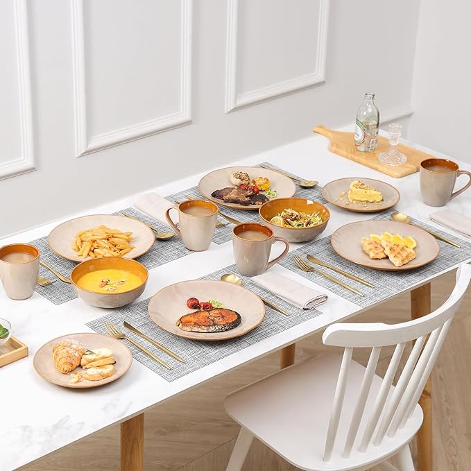 vicrays Ceramic Dinner Plates Set, 10.5 Inch, Set of 6, Round, Microwave, Oven, Dishwasher Safe, Porcelain Fluted Suitable for Steak, Pasta, Pizza, Home, Party, Restaurant (Beige)