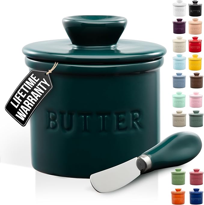 Zulay Kitchen Porcelain Butter Crock With Lid & Knife - Authentic French Butter Dish For Fresh & Spreadable Butter - Forest Green