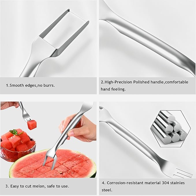 Watermelon Fork Slicer Cutter 2 in 1 & Melon Baller Scoop Set - Stainless Steel Fruits Cutter Kit, Fruit Carving Tools Watermelon Cube Cutter Slicer Tool for DIY Fruit Salads Melons Kitchen Gadget (2)