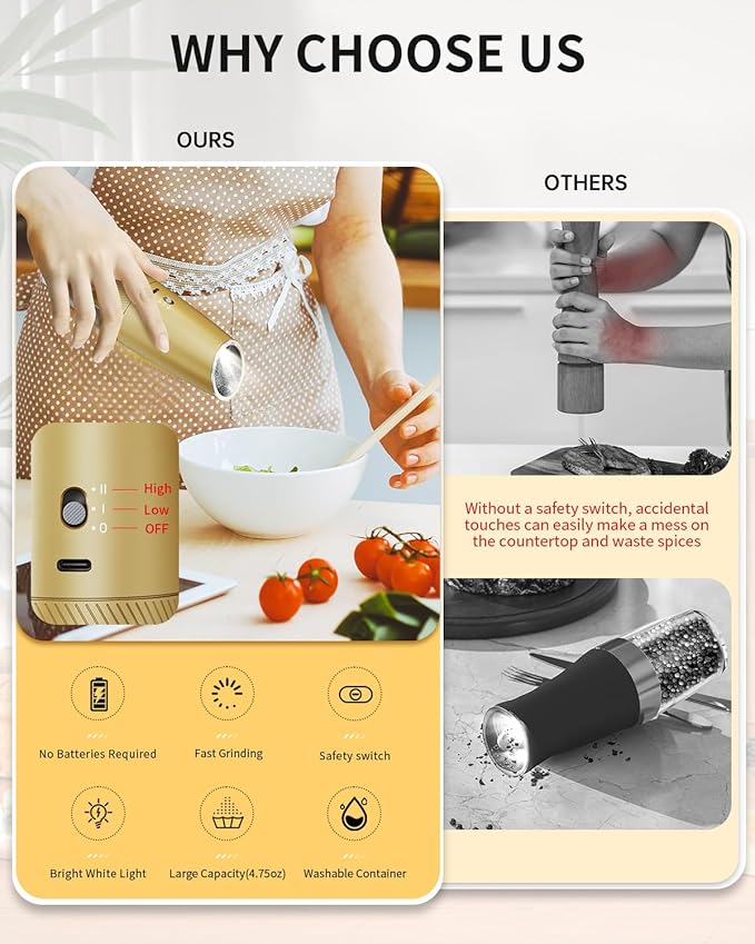 CIRCLE JOY Gravity Electric Salt and Pepper Grinder Set with 2-Speed, Rechargeable Salt and Pepper Grinder Set, Adjustable Coarseness, Whiet LED Light