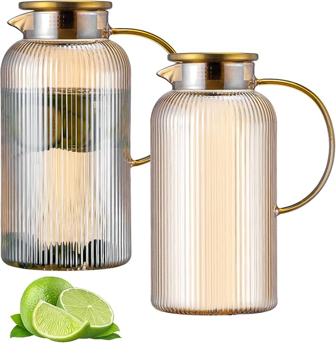 Glass Pitcher with Lid, 2 PACK 84 oz/ 2.5 Liter Amber Classic Vertical Stripes Water Pitcher,Glass Water Carafe for Cold Brew, Coffee, Lemonade, Iced Sun Tea,Beverage, Milk, Heat Resistant