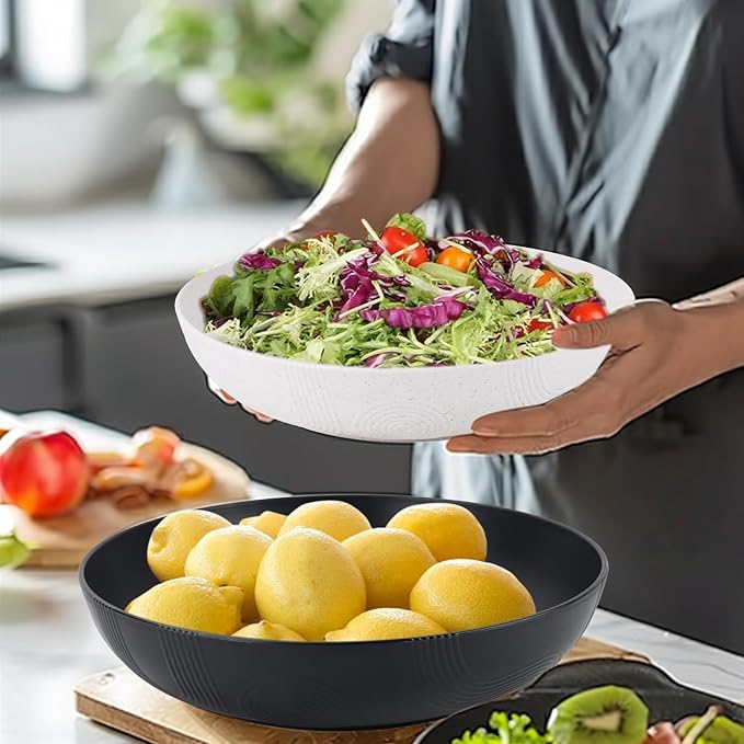 Wheat Straw Salad Bowls,65oz Unbreakable Wide and Shallow Dinner Bowls Set of 2,Microwave Safe Reusable Plastic Salad Bowls for Kids, Adults,Salad,Camping,RV.Black and White