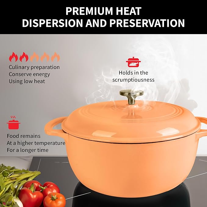 5.5 Quart Enameled Cast Iron Dutch Oven with Lid – Heavy-Duty Cookware for Bread, Braising, and Stews – Dual Handles, Oven Safe to 500°F – Ideal for Stovetop & Oven Cooking (Orange, 5.5QT)