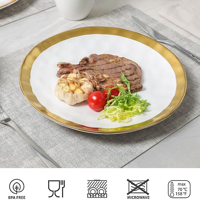 vicrays Ceramic Dinner Plates Set, 10 Inch, Set of 6, Round, Dishwasher Safe, NOT Microwave Safe, Suitable for Steak, Pasta, Home, Party, Restaurant（White with Golden）
