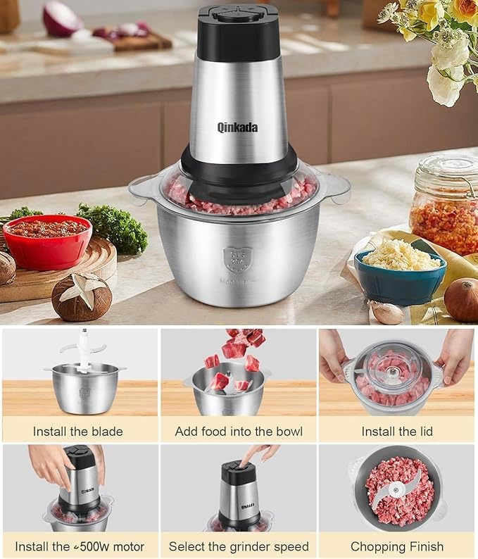 Meat Grinder, 500W Powerful Food Processors, 8Cup Stainless Steel Bowl, 3 Speed Modes 4 Bi-Level Blades for Onion, Meat, Nuts, Fruit, Garlic, Vegetable, Baby Food