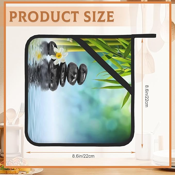Zen Spa Pot Holder Set of 2,Green Flower Kitchen Heat Resistant Potholder for Women Men BBQ Cooking Baking