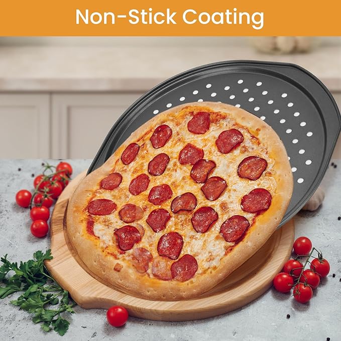 13 Inch Pizza Pan for Oven, 2 Pack Round Pizza Pan with Holes Non-sticking Carbon Steel Pizza Tray with Handles Pizza Baking Pan for Cooking and Grilling Oven Safe